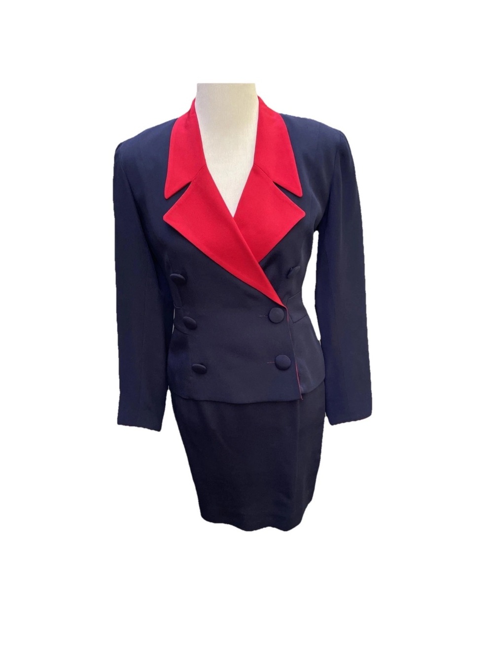 Gillian Designer Women’s Navy Double-Breasted Jacket with Red Contrast Lapel